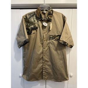 VTG Ideal Men L Khaki Camo Trim, Short Sleeve Canvas Hunting/Shooting Shirt NEW!